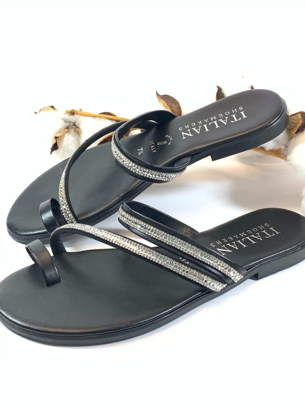 Womens Slip On Italian Rhinestone Sandals Black/Silver 7.5 Glam Lux Resort NWOT